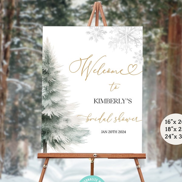 Winter Bridal Shower Welcome Sign Editable Gold Gray Shower Poster Christmas Evergreen Tree Holiday Printable Decoration DLPB142