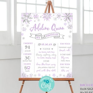 1st birthday milestone poster, printable silver and purple winter onederland first birthday girl party decoration, personalized board DLPB32