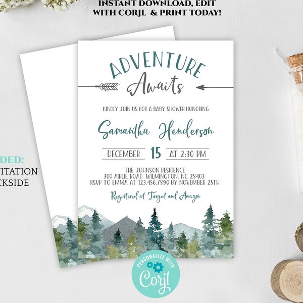 adventure awaits baby shower invite, editable gender neutral baby shower invitation, rustic woodland forest mountain invite DLPB34