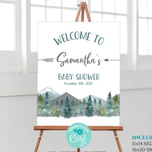 adventure forest baby shower welcome sign, editable gender neutral welcome board, mountain themed personalized party decoration DLPB34