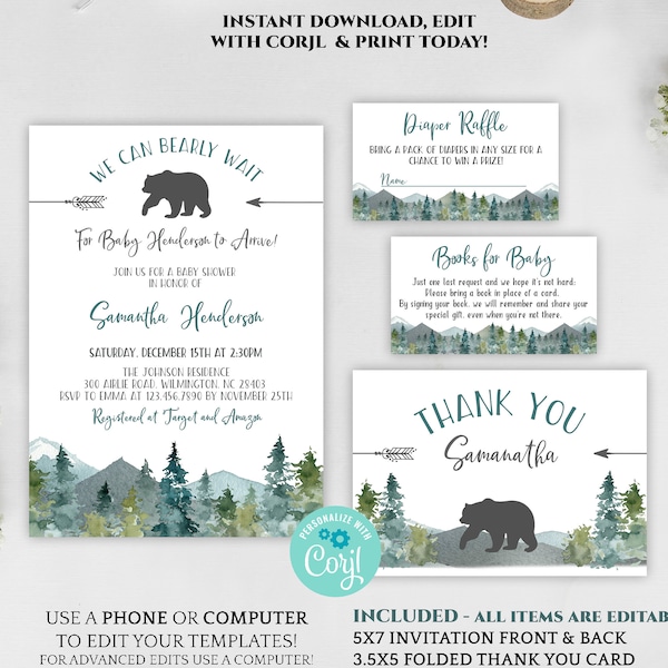 we can bearly wait baby shower invitation, little cub invite bundle, editable gender neutral bear forest greenery outdoor mountain DLPB34