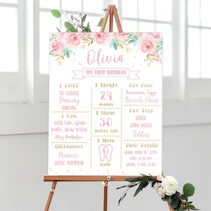 Plantilla de póster floral editable para el hito del primer cumpleaños, signo imprimible de estadísticas del primer cumpleaños en rosa rubor y dorado DLPB12