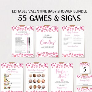 Lot de jeux de douche modifiables pour la Saint-Valentin, pack de jeux de baby shower petite fille chérie, lot de cartes de jeu imprimables coeurs roses DLPB150