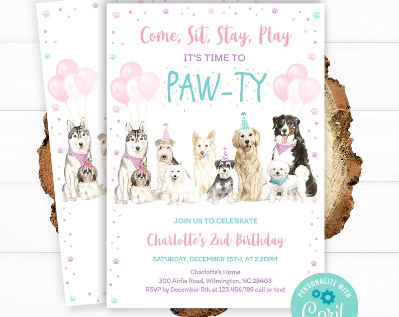 lets pawty birthday invitation editable girl puppy dog birthday party invite come sit stay play pet party lets party template