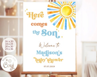 Sunshine Baby Shower Welcome Sign, Editable Here Comes The Son Blue Boy Shower Sun Welcome Poster, Retro Sonshine Boho Party Decor DLPB157