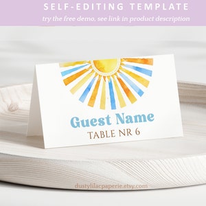 Zonneschijn baby douche plaats kaart, bewerkbare hier komt de zoon blauwe jongen douche tent kaart retro Boho zon zitplaatsen kaart tafel decor DLPB157
