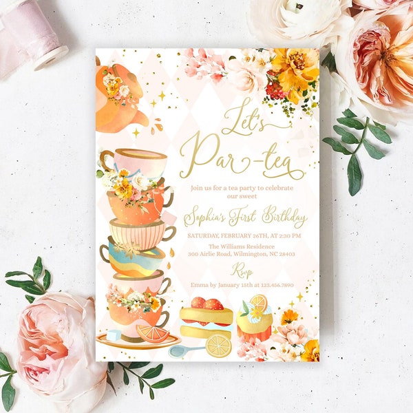 tea party birthday invitation editable floral gold peach let's par-tea girl birthday invite whimsical high tea party template DLPB137