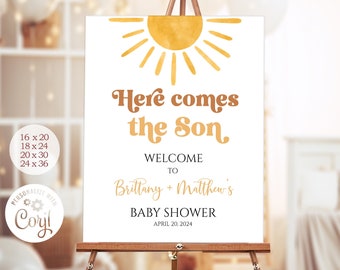 Here Comes the Son Welcome Sign, Editable Sun Baby Shower Welcome Poster, Sunshine Printable Board, Sun Party Decoration DLPB157