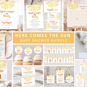 Lot de baby shower voila le fils, lot modifiable d'invitations baby shower soleil, modèle de signe de décoration de shower de garçon Boho rétro soleil DLPB157