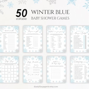 May include: A set of printable baby shower games with a winter blue theme. The games include "Word Scramble", "The Price is Right", "What's in Your Purse", "Guess Who Mommy or Daddy", "Baby Bingo", "Baby Predictions", "What's in the Diaper Bag", and "Celebrity Baby Names".