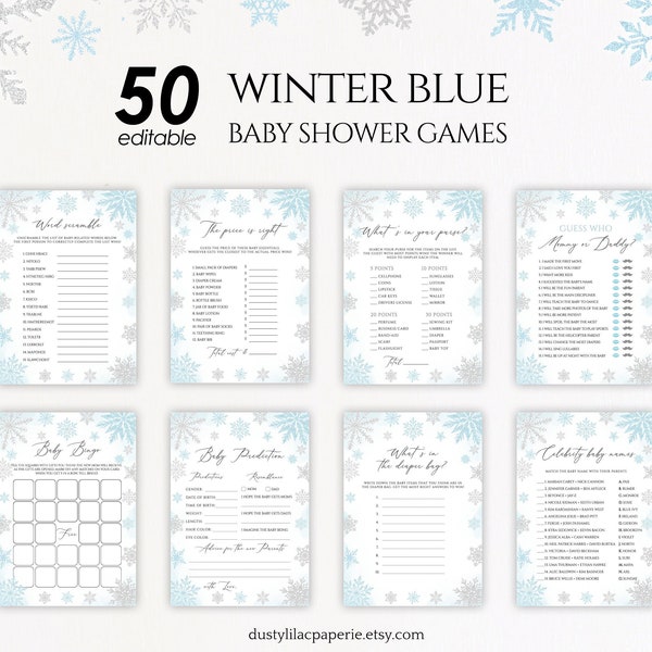 editable winter baby shower game bundle, blue silver snowflake game pack, baby boy shower 50 printable fun game package DLPB147