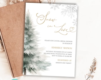 May include: A white printable bridal shower invitation with a watercolor illustration of a pine tree and snowflakes. The text reads "Snow in Love" in gold script with a gold heart. The invitation includes the bride's name, date, time, location, and RSVP information.