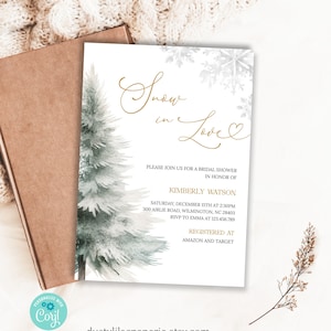 May include: A white printable bridal shower invitation with a watercolor illustration of a pine tree and snowflakes. The text reads "Snow in Love" in gold script with a gold heart. The invitation includes the bride's name, date, time, location, and RSVP information.