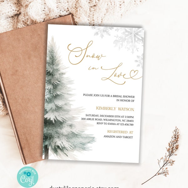 Winter Bridal Shower Invitation Editable Snow in Love Gold Gray Shower Invite Christmas Evergreen Tree Holiday Printable Template DLPB142