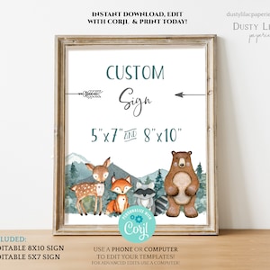 signo personalizado de animales del bosque editable, signo de género neutro de montaña del bosque imprimible 8x10 y 5x7, decoración de mesa personalizada DLPB34