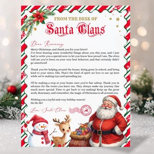 May include: A Christmas-themed letter from Santa Claus, featuring festive red and green borders with holly and star accents. The letter is addressed to "Dear Rosemary" and includes a message from Santa, along with illustrations of a snowman, reindeer, and Santa Claus.