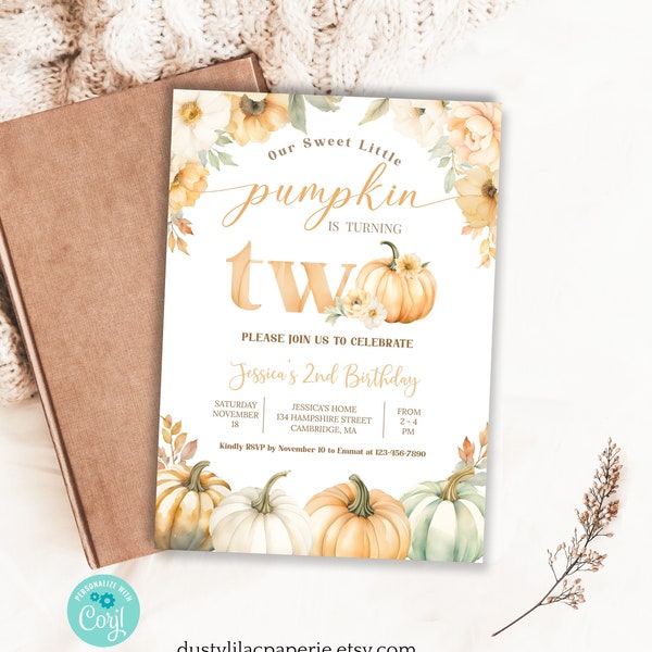 Editable Girl Pumpkin Second Birthday Invitation Our Sweet Little Pumpkin Is Turning Two Fall 2nd Birthday Party Invite Autumn DLPB145