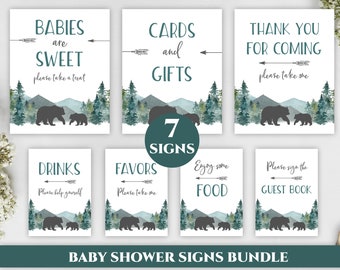 little cub theme baby shower table signs, printable bear forest gender neutral 8x10 and 5x7 inches sign bundle, mountain decoration DLPB34
