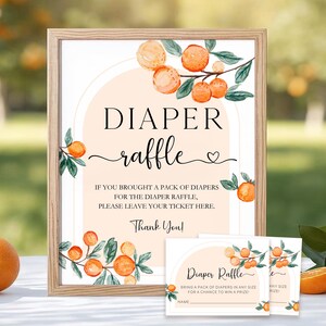 May include: A framed sign and raffle tickets with the words "Diaper Raffle" in a decorative font. The sign features watercolor illustrations of oranges and leaves. The sign also includes the text "If you brought a pack of diapers for the diaper raffle, please leave your ticket here."