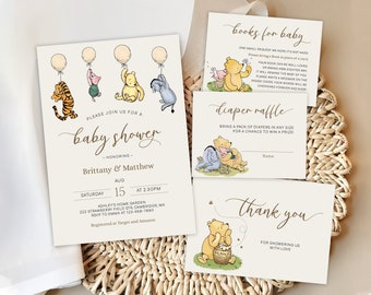 Juego de invitaciones clásicas para baby shower de Winnie the Pooh, paquete de invitaciones vintage editables de Pooh para género neutro, Pooh and Friends Baby Sprinkle DLPB166