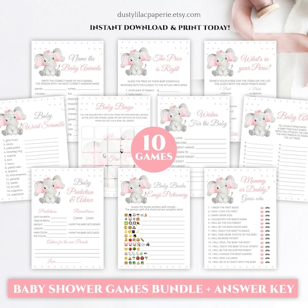 pink elephant baby shower game bundle set, baby girl little peanut party game pack, pink gray polka dots printable package DLPB116