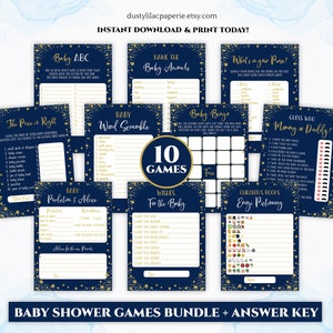 twinkelen twinkelen kleine ster baby douche spel bundel set, baby jongen marineblauw goud game pack, afdrukbaar pakket, sterren maan galaxy DLPB56