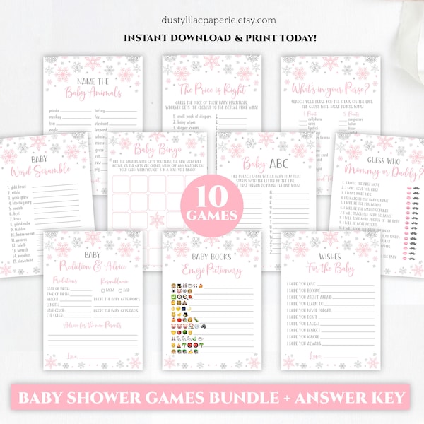 winter wonderland baby shower game bundle set, pink silver little snowflake game pack, baby girl shower printable package DLPB66 DLPB70