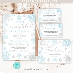 Winter-Baby-Dusche-Einladung Bearbeitbare Eine kleine Schneeflocke Auf dem Weg Blau Silber Schneeflocke Baby Boy Shower Invite Printable Template DLPB147
