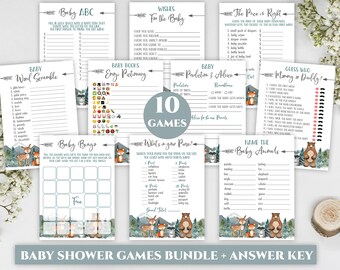 Wald Baby-Dusche-Spiel-Bundle-Set, Waldtiere Duschspiel Pack, geschlechtsneutrales rustikales druckbares Paket, Outdoor-Berg DLPB34