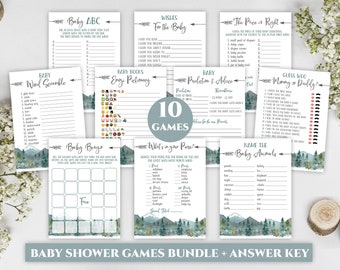 L&#39;aventure vous attend pour baby shower, pack de jeux de douche en forêt, emballage imprimable rustique neutre sexiste, montagne en plein air DLPB34