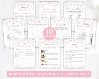 May include: A printable baby shower game bundle with a pink and silver snowflake theme. The bundle includes 10 games with titles like "Name the Baby Animals", "Baby Bingo", "Baby ABC", "What's in Your Purse?", "Guess Who Mommy or Daddy?", "Baby Predictions & Advice", "Baby Books Emoji Pictionary", and "Wishes for the Baby".