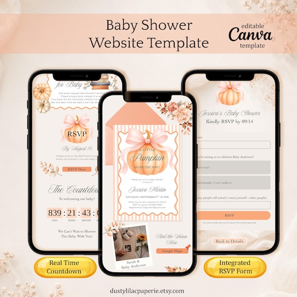 Website-Vorlage für Einladungen zur Babyparty mit Kürbismotiv und nachverfolgbarem RSVP-Countdown, Canva Web Invite