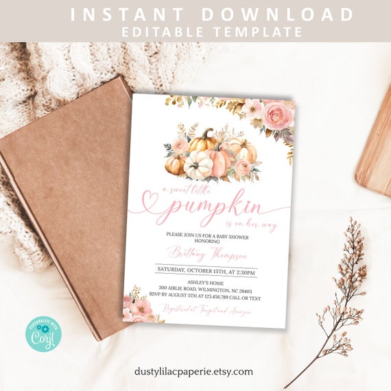 editable fall pumpkin baby shower invitation blush pink gold pastel floral a little pumpkin is on her way girl autumn baby invite DLPB141