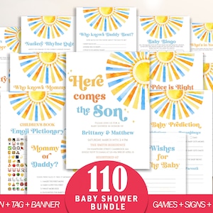 Sunshine Baby Shower Invitation Bundle, Here Comes The Son Blue Boy Shower Games, Retro Sonshine Boho Editable Welcome Sign Favor DLPB157