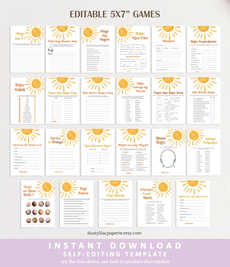 Editable Sun Baby Shower Game Bundle, Here Comes The Son Baby Shower Game Pack, Boho Sunshine Printable Game Cards Template DLPB157 image 6