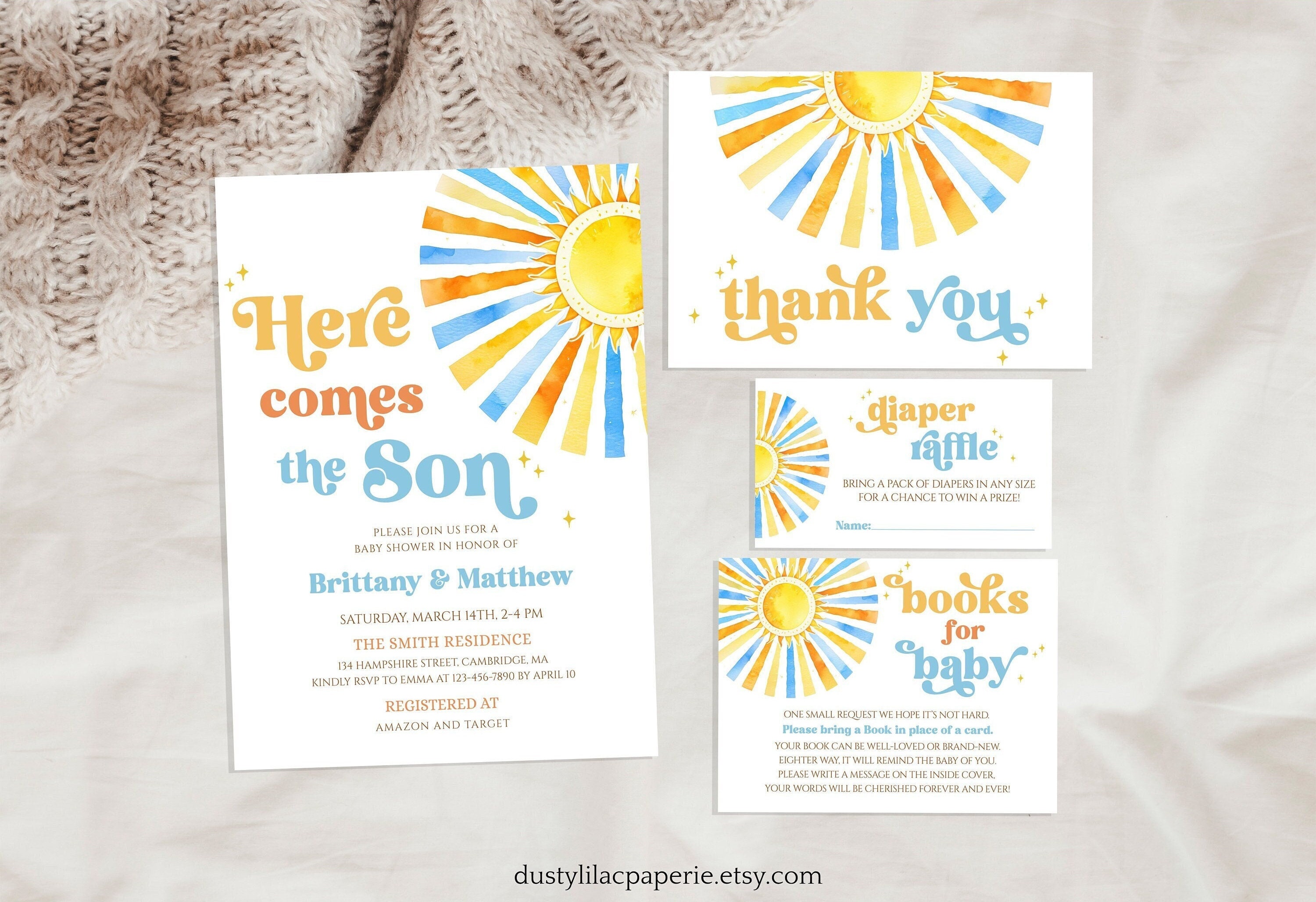 Sunshine Baby Shower Invitation Bundle, Here Comes the Son Blue Boy Shower  Invite Pack, Retro Sonshine Boho Editable Template DLPB157 - Etsy, image size:3000x2057