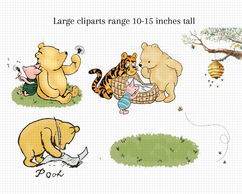 Puede incluir: Cuatro ilustraciones de personajes de Winnie de Pooh. La primera muestra a Winnie de Pooh y Piglet sentados en el suelo, soplando dientes de le&oacute;n. La segunda muestra a Tigger, Piglet y Winnie de Pooh mirando dentro de una cesta. La tercera muestra a Winnie de Pooh escribiendo en un trozo de papel. La cuarta muestra un parche de hierba verde.