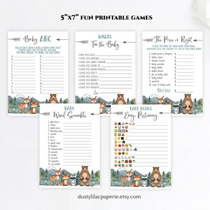 Puede incluir: Un conjunto de juegos de baby shower imprimibles con un tema de bosque con un oso marr&oacute;n, un zorro y un ciervo. Los juegos incluyen Baby ABC, Wishes for the Baby, The Price is Right, Baby Books Emoji Pictionary y Baby Word Scramble.