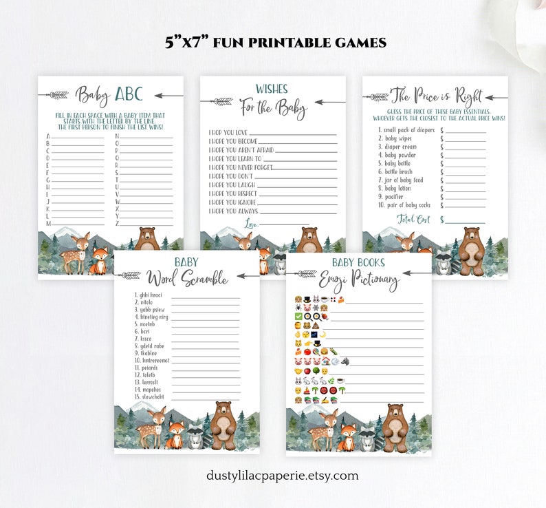 Puede incluir: Un conjunto de juegos de baby shower imprimibles con un tema de bosque con un oso marr&oacute;n, un zorro y un ciervo. Los juegos incluyen Baby ABC, Wishes for the Baby, The Price is Right, Baby Books Emoji Pictionary y Baby Word Scramble.