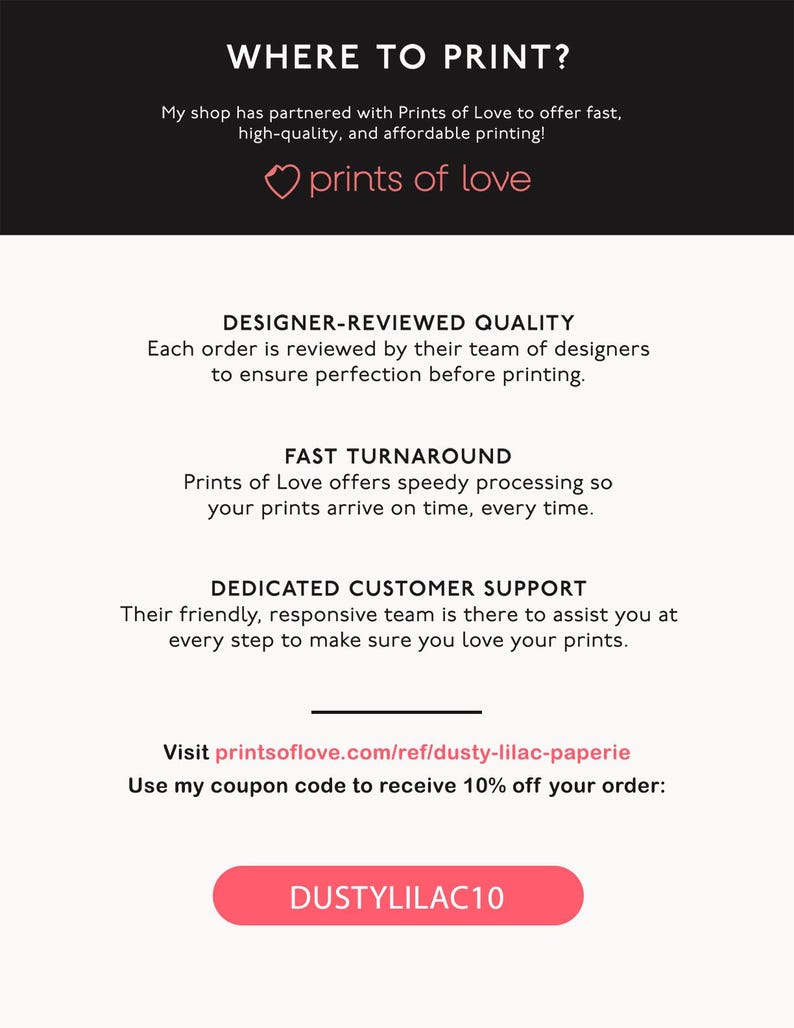 Pode incluir: Gr&aacute;fico promocional com o texto "WHERE TO PRINT?" e "prints of love". Destaca a qualidade revisada por designers, o tempo de resposta r&aacute;pido e o suporte ao cliente dedicado. Inclui um c&oacute;digo de cupom "DUSTYLILAC10" para 10% de desconto.