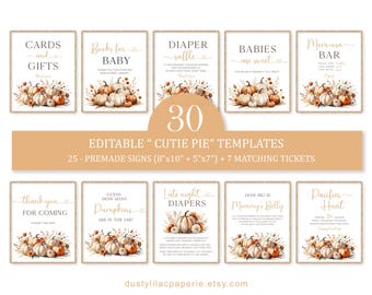 May include: A collection of 10 framed signs with fall-themed watercolor illustrations of pumpkins and foliage. The signs include text for a baby shower, such as "Cards and Gifts" and "Mom-osa Bar". The image also includes the text "EDITABLE 'CUTIE PIE' TEMPLATES".