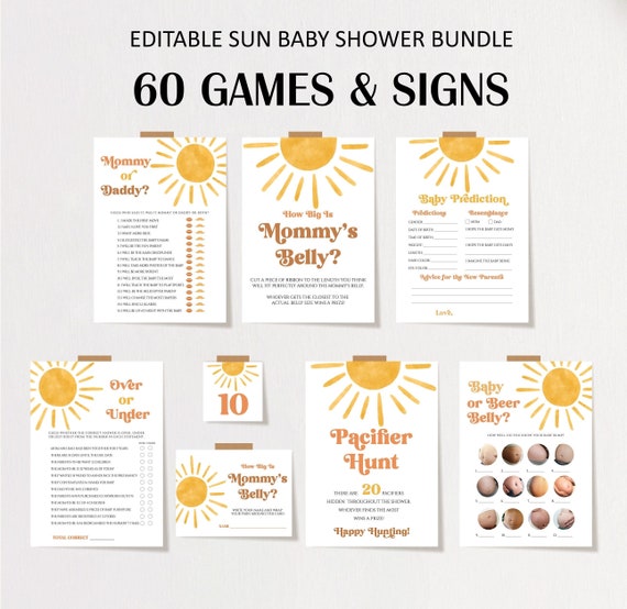 Editable Sun Baby Shower Game Bundle, Here Comes The Son Baby Shower Game Pack, Boho Sunshine Printable Game Cards Template DLPB157
