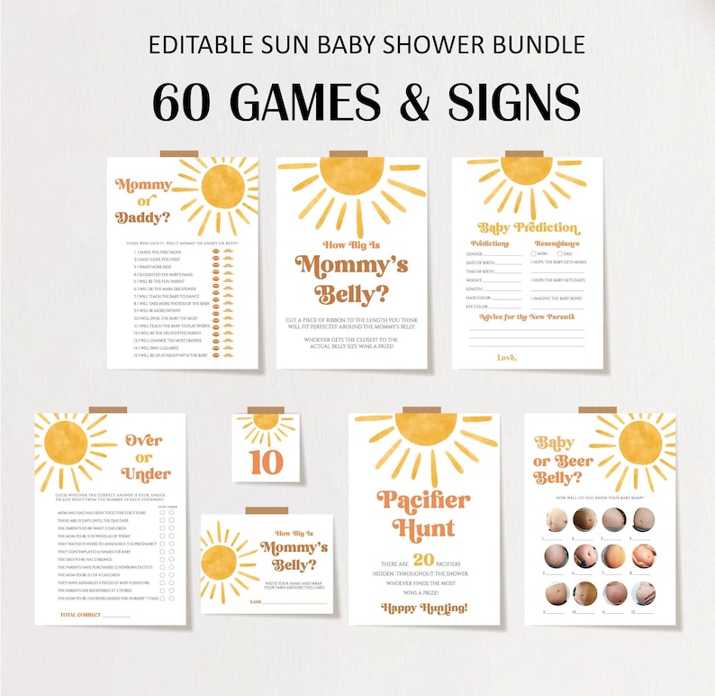 Editable Sun Baby Shower Game Bundle, Here Comes The Son Baby Shower Game Pack, Boho Sunshine Printable Game Cards Template DLPB157 image 1