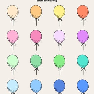 Pu&ograve; includere: Un set di 12 illustrazioni di palloncini in vari colori, tra cui pesca, giallo, rosa, lavanda, verde chiaro, turchese, azzurro e blu. I palloncini sono disegnati in uno stile semplice, disegnato a mano con uno spago attaccato a ciascuno.