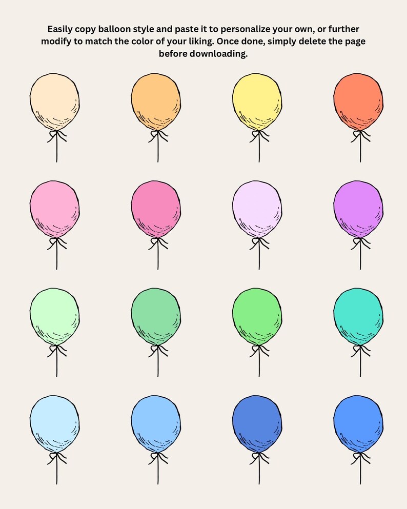Pu&ograve; includere: Un set di 12 illustrazioni di palloncini in vari colori, tra cui pesca, giallo, rosa, lavanda, verde chiaro, turchese, azzurro e blu. I palloncini sono disegnati in uno stile semplice, disegnato a mano con uno spago attaccato a ciascuno.