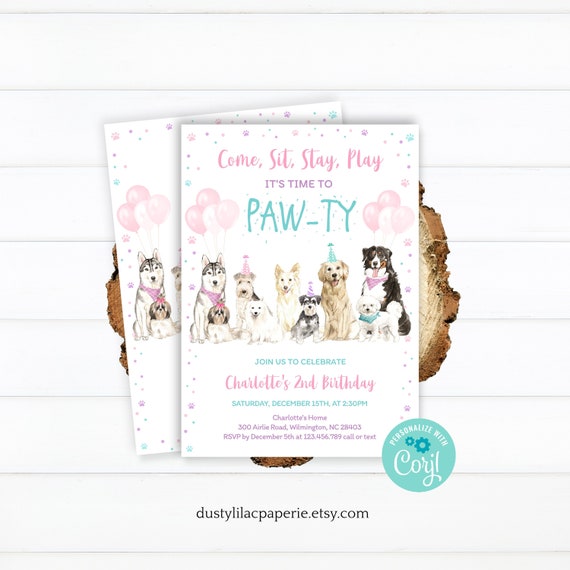 Lets Pawty Birthday Invitation Editable Girl Puppy Dog 