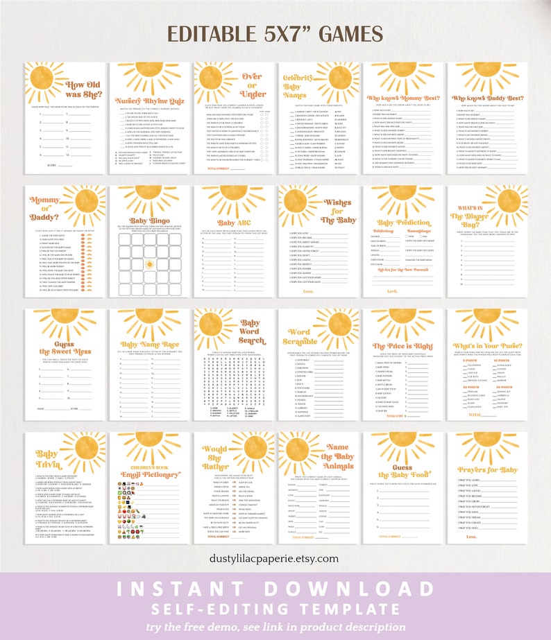 Editable Sun Baby Shower Game Bundle, Here Comes The Son Baby Shower Game Pack, Boho Sunshine Printable Game Cards Template DLPB157 image 5
