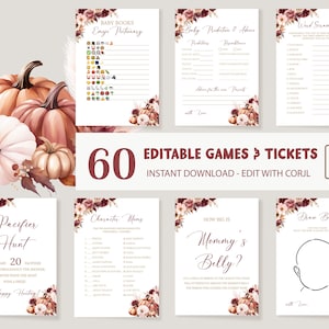 May include: A set of 60 printable baby shower games with a fall theme. The games feature a variety of activities, including a pacifier hunt, character bingo, and a baby prediction game. The games are decorated with watercolor illustrations of pumpkins, leaves, and flowers in shades of pink, brown, and white.