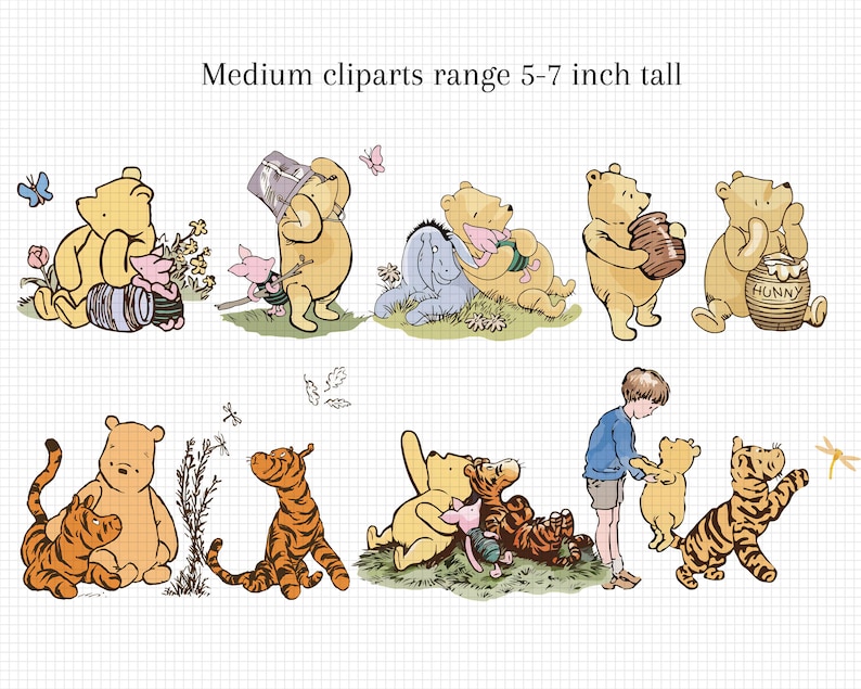 Puede incluir: Un conjunto de ilustraciones de personajes de dibujos animados de Winnie de Pooh y sus amigos. Los personajes se representan en varias poses, incluyendo Winnie de Pooh sosteniendo un tarro de miel, Piglet sosteniendo un palo y Tigger saltando. Las ilustraciones est&aacute;n en un estilo de dibujos animados con colores brillantes y l&iacute;neas simples.
