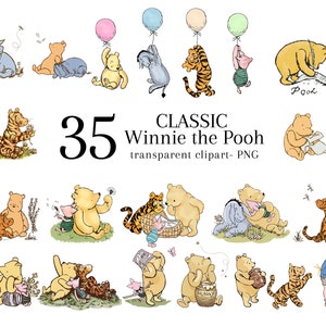Clipart classico Winnie the Pooh e amici, Clip Art digitale da 35 pacchetti, PNG trasparente, Decorazione fai da te per invito di compleanno per baby shower